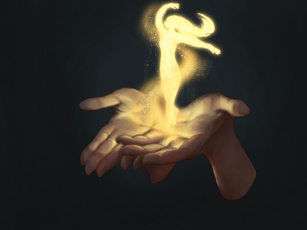 Digital art of a fairy dancing in someone's hands