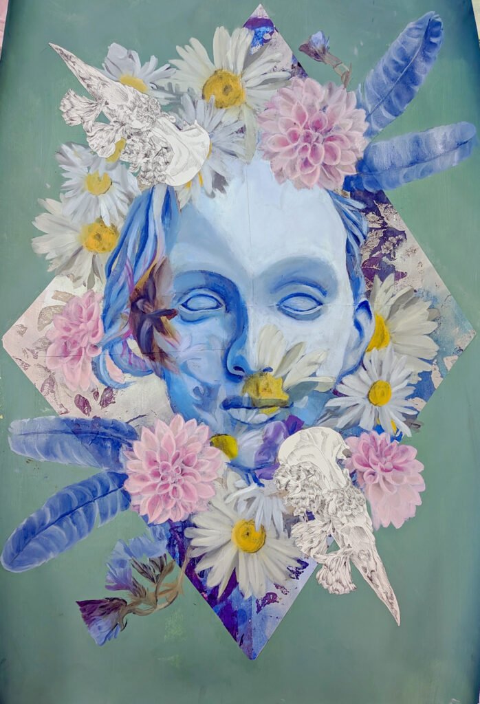 Acrylic and oil face surrounded by oil flowers